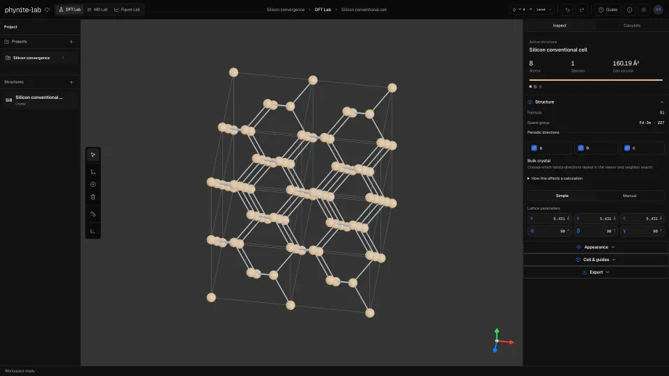 Phynite materials research workspace — example view